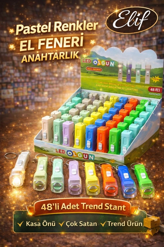 PASTEL RENKLER MİNİ EL FENERİ ANAHTARLIK / 48Lİ STANT
